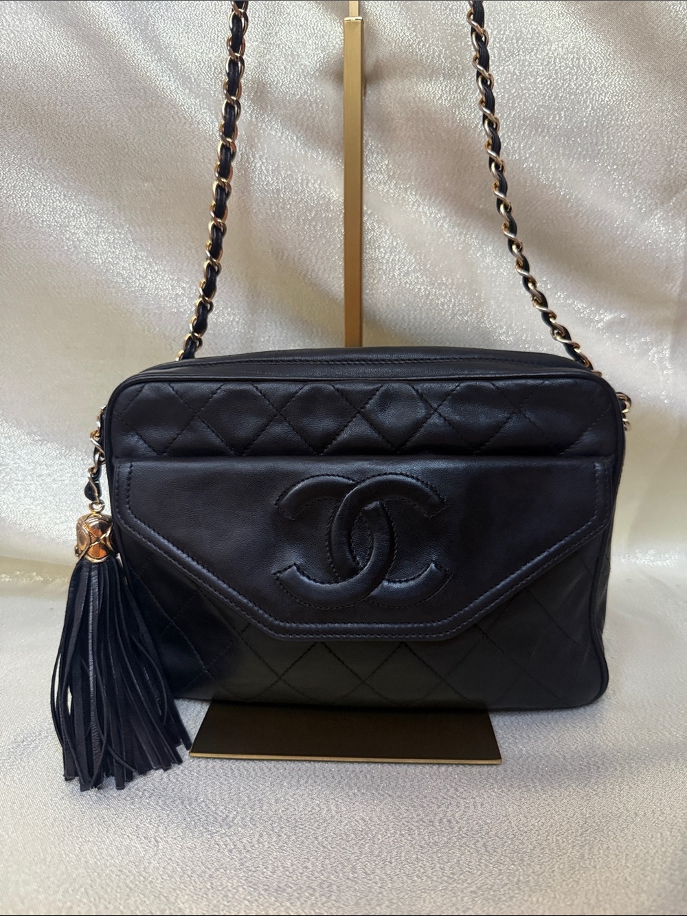 CHANEL Black Quilted Lambskin Shoulder Camera Bag with Tassel Vintage